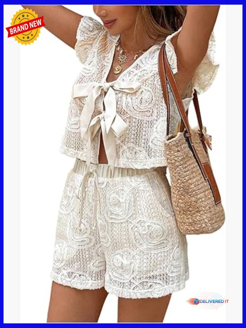 Women's Summer Vacation Short Set Tie Front Ruffle Crop Top and Shorts